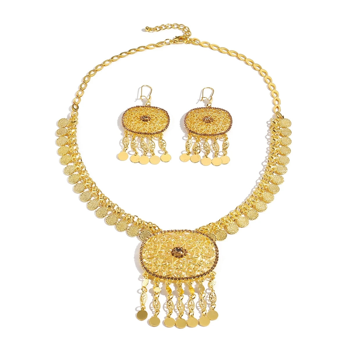 Afghan Fashion Golden Geometric Hollow Carving Rhinestone Coins Tassel Necklaces Earrings Women Kurdish Statement Jewelry Set