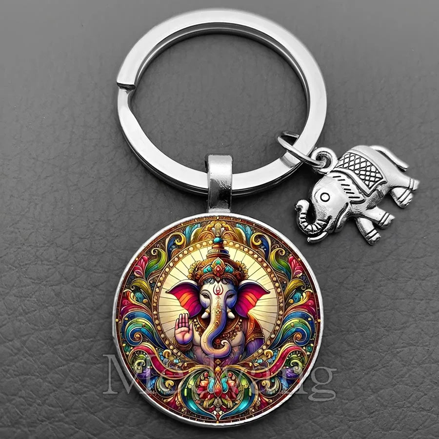 Sacred Elephant Ganesha Keychain Buddha keychain and key ring God Of Wealth Elephant glass key ring men and women bag decoration