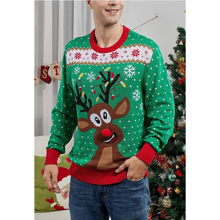 2025 Winter Mens Christmas Sweater Cute Elk Print Jacquard Knitwear Full Sleeve O Neck Knit Jumper Xmas Look Soft Warm Pullover