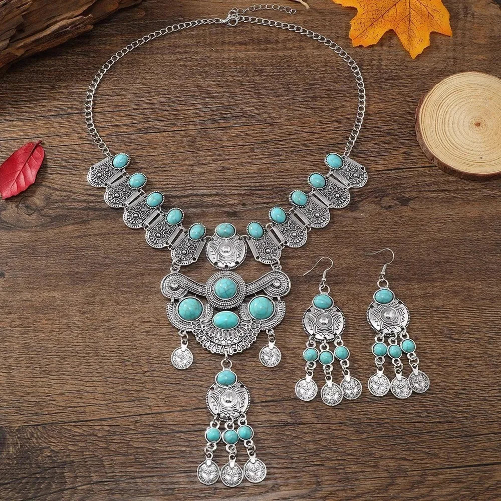 Western Jewelry Set Ethnic Vintage Imitation Turquoise Metal Coin Tassel Necklace And Earrings For Women Party Accessories
