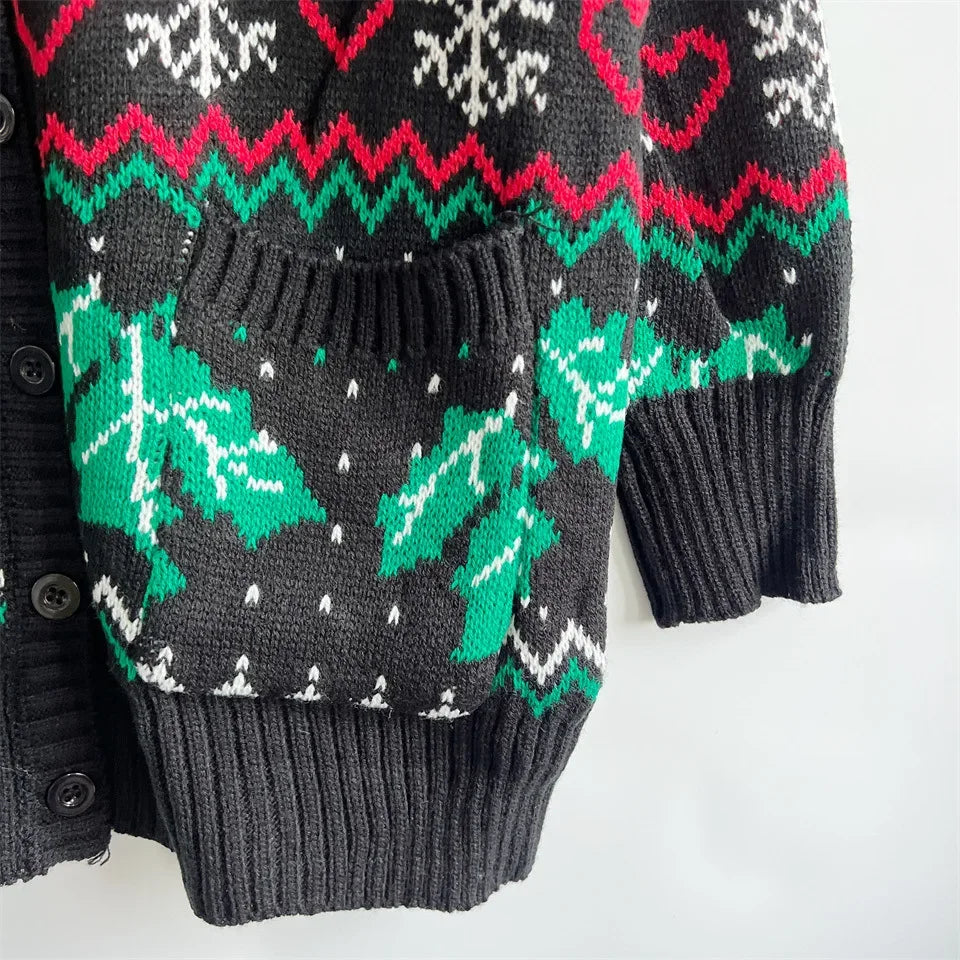 2023 Cross-border Amazon Autumn/winter New Single-breasted V-neck Christmas Theme Knit Sweater Cardigan New Year