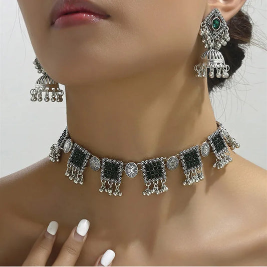Vintage Jewelry For Women Artificial Crystal Decoration Jewelry Sets Metal Beads Tassel Necklace Earrings Set For Women Gift