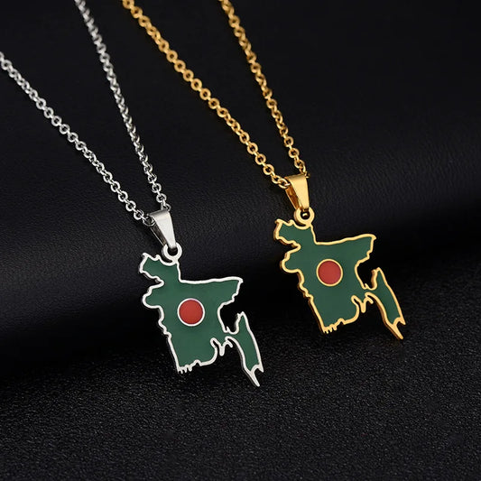 2024 new fashion stainless steel vintage dripping oil Bangladesh map pendant necklace temperament everything collarbone chain bi