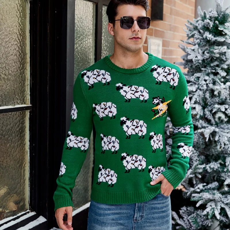 2025 Winter Christmas Men's Knitted Sweater Cartoon Print Full Sleeve O Neck Warm Soft Knitwear Adults Jumper Xmas Look Pullover