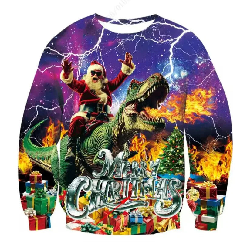 2025 European and American 3D digital printed women's hoodie Christmas snowman deer series round neck casual sweater