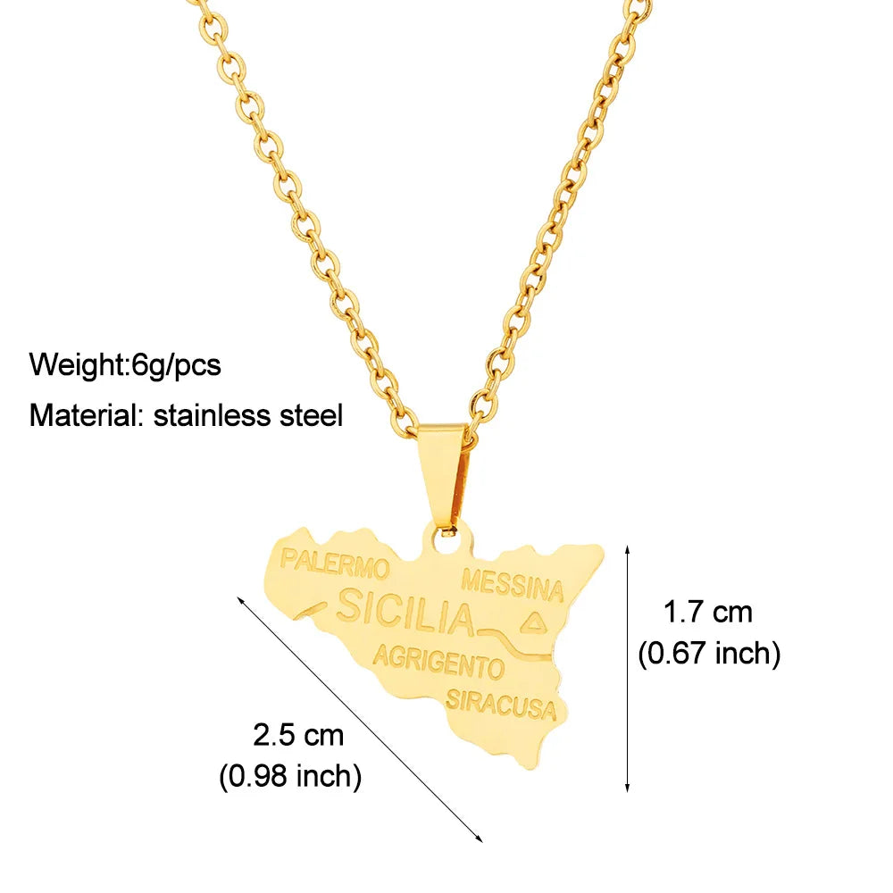 2024 new fashion stainless steel Sicily map pendant necklace temperament everything collarbone chain birthday anniversary small