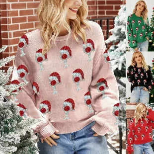 2025Women's Casual Loose Lazy Style Sweater Christmas Tree Color Block Jacquard Christmas Sweater Gift