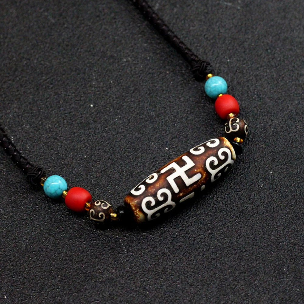 Tibetan Buddhism 9 Eyed Celestial Bead Necklace Healing Amulet Jewelry Ethnic Style Agate Dzi Beads Pendant Sweater Rope Chain