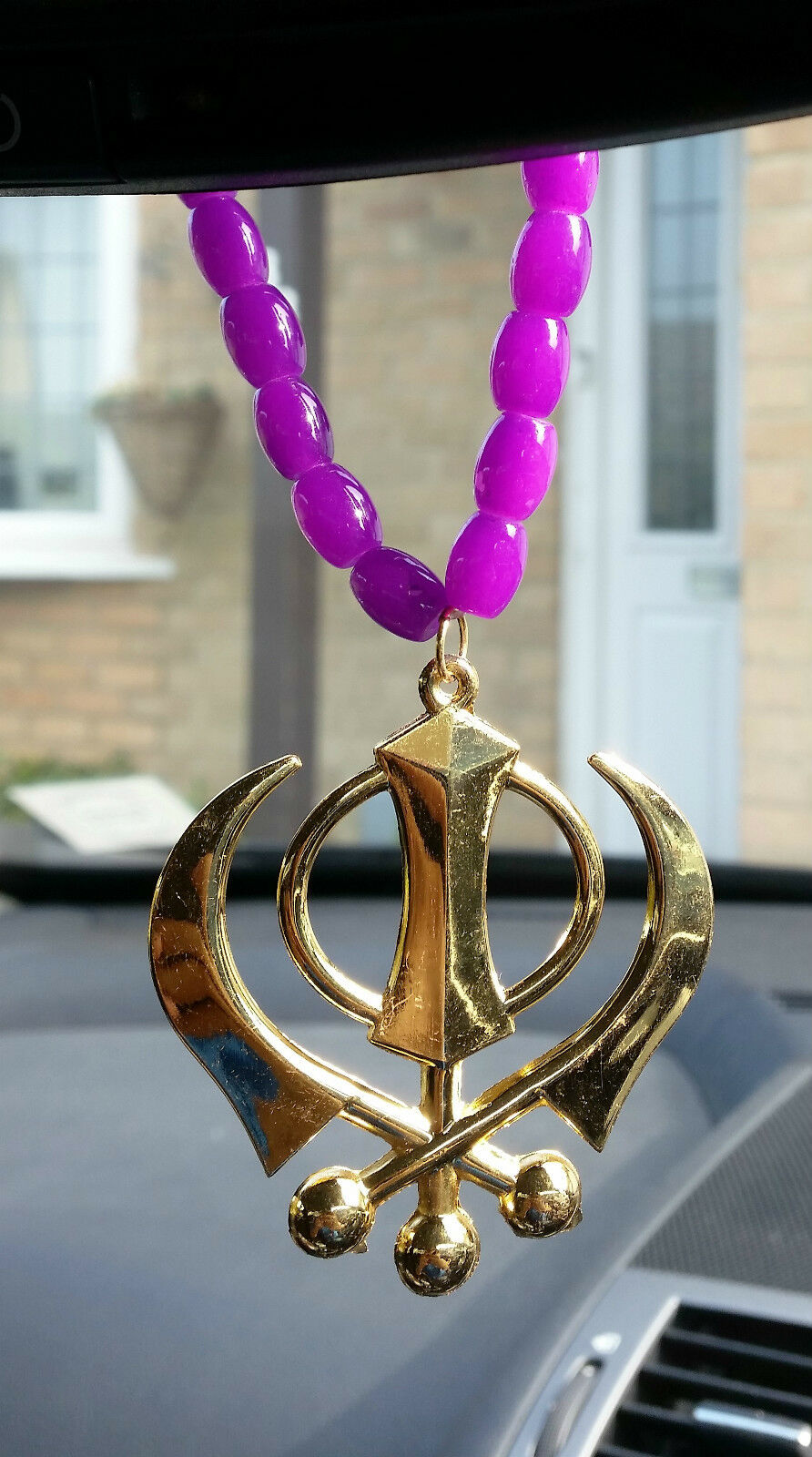 Gold Plated Punjabi Sikh Large Khanda Pendant Car Hanging in Purple Beads