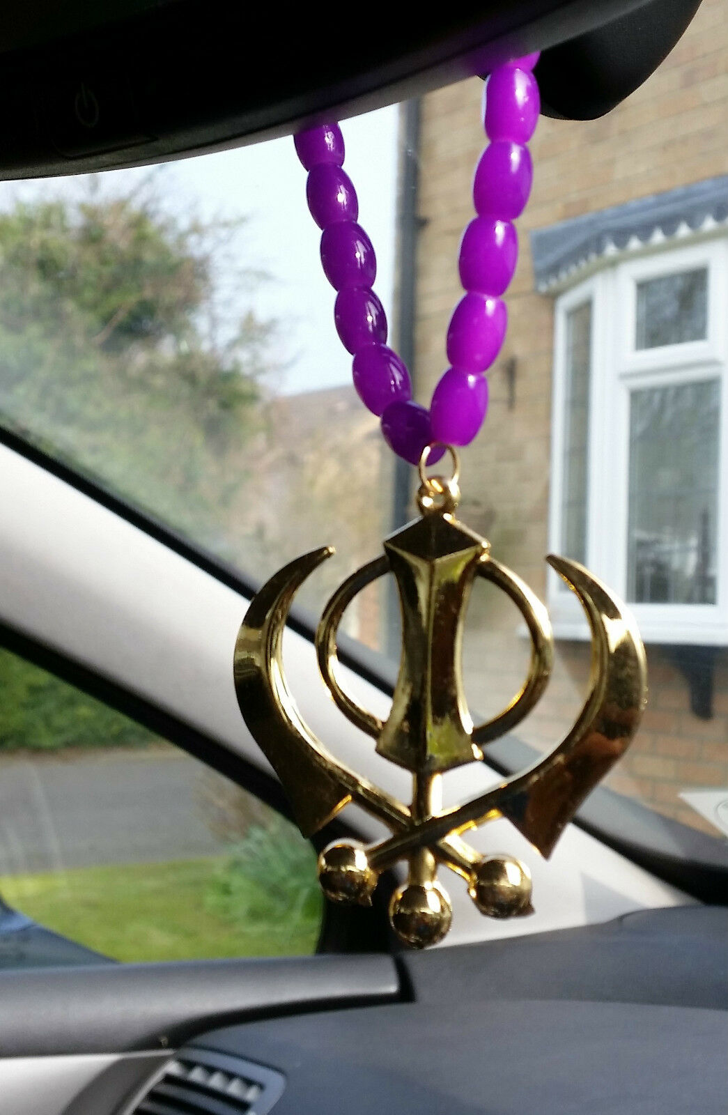 Gold Plated Punjabi Sikh Large Khanda Pendant Car Hanging in Purple Beads