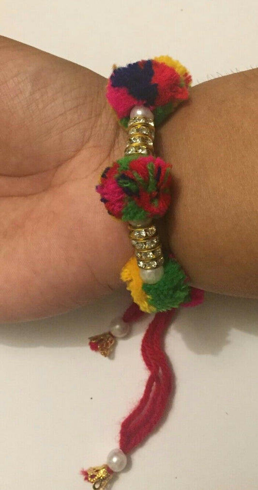 Lucky Hindu Multi Colour Pom Pom Stunning Stones Bracelet Protection Amulet E3