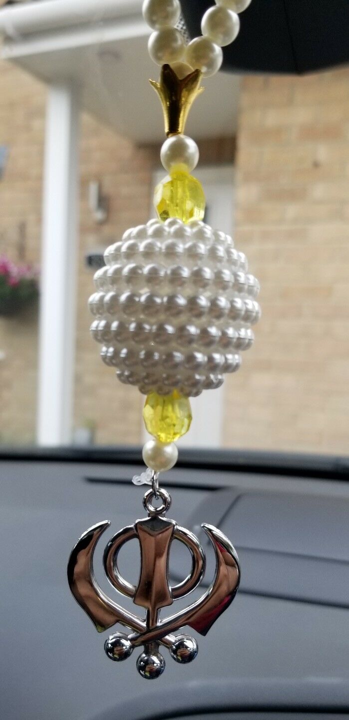 Silver Plated Punjabi Singh Kaur Sikh Kahnda Pendant Car Rear Mirror Beads Mala