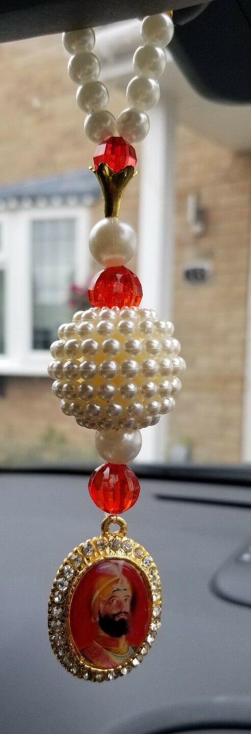 Gold Plated Punjabi Kaur Sikh Guru Gobind Singh Pendant Car Rear Mirror Beads