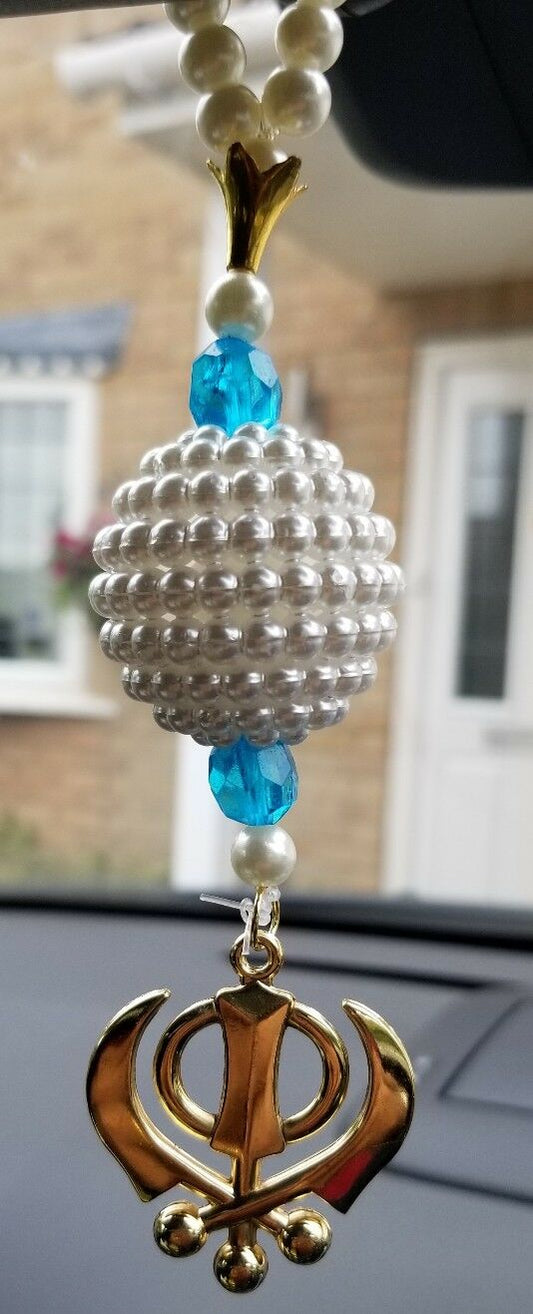 Gold Plated Punjabi Singh Kaur Sikh Kahnda Pendant Car Rear Mirror Beads Blue