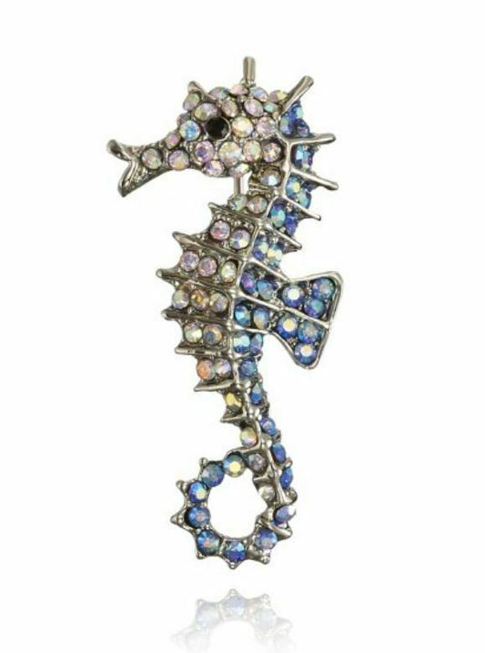 Stunning Diamonte Silver Plated Retro Seahorse Christmas Brooch Cake PIN Gift A7