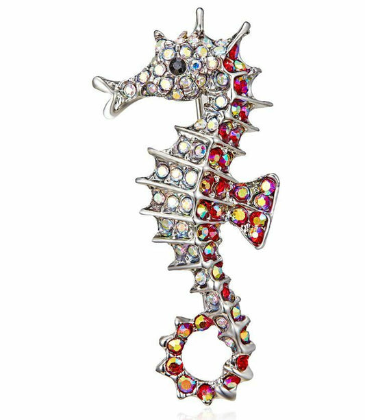 Stunning Diamonte Silver Plated Vintage Look Seahorse Christmas Brooch Cake PIN