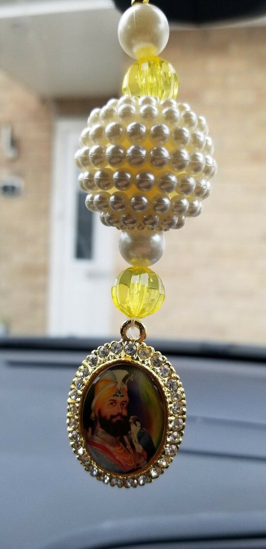 Gold Plated Punjabi Kaur Sikh Guru Gobind Singh Pendant Car Rear Mirror Yellow