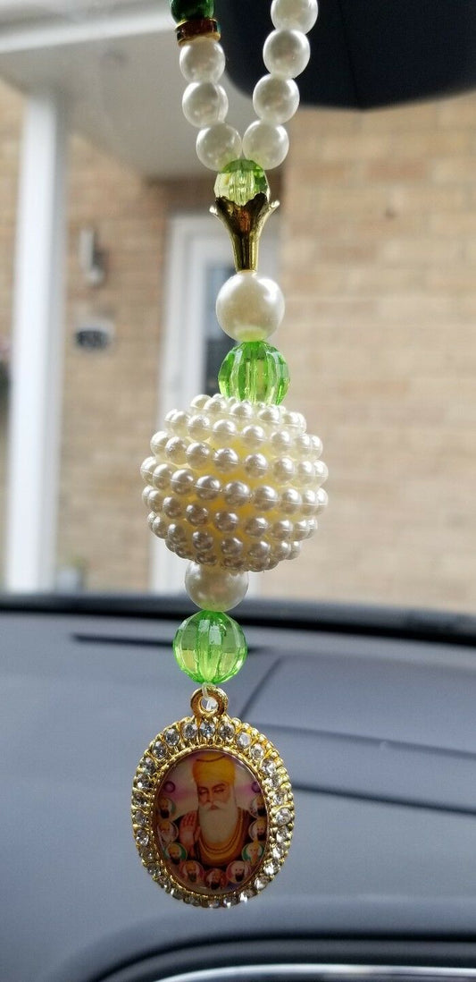 Gold Plated Punjabi Singh Kaur Sikh Ten Guru Nanak Pendant Car Rear Mirror Green