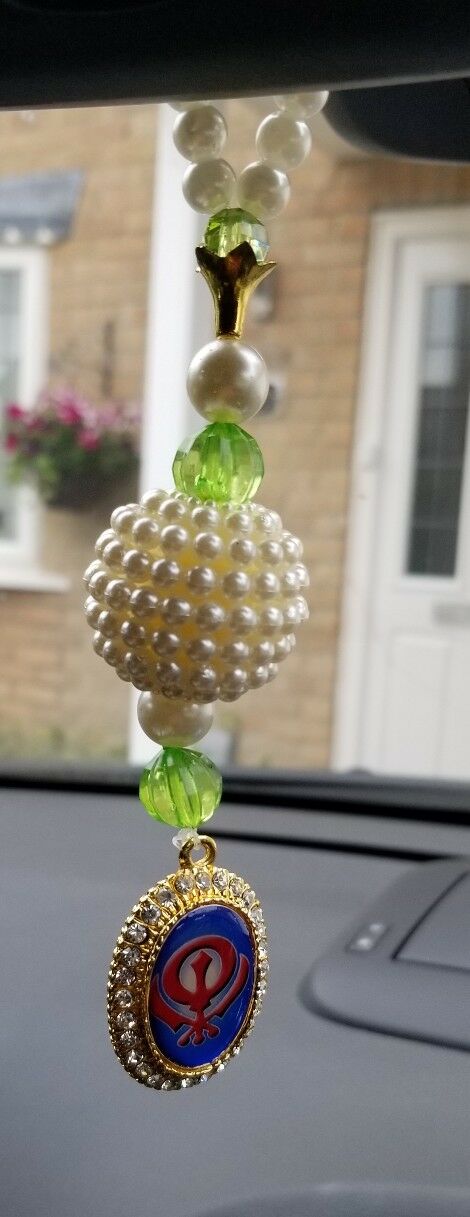 Gold Plated Punjabi Sikh Kaur Singh Khanda Pendant Car Rear Mirror Beads Green