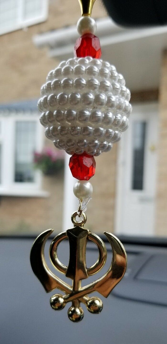 Gold Plated Khanda Punjabi Kaur Sikh Singh Pendant Car Rear Mirror Hanger Red