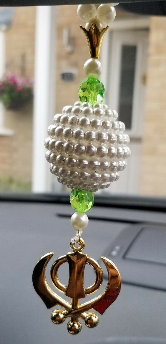 Gold Plated Punjabi Sikh Kaur Singh Khanda Pendant Car Rear Mirror Beads Hanger