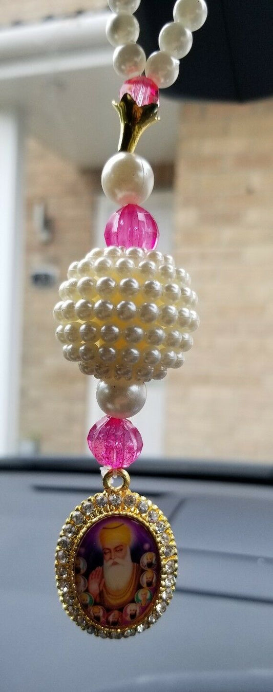 Gold Plated Punjabi Singh Kaur Sikh Ten Gurus Nanak Pendant Car Rear Mirror Pink