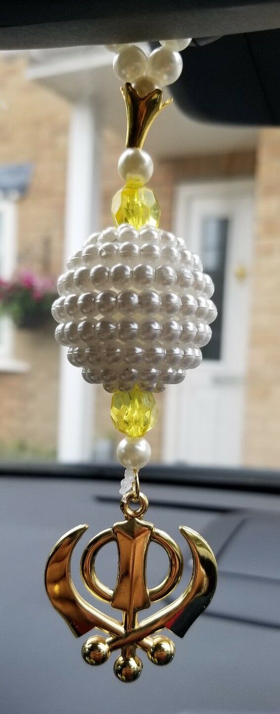 Gold Plated Punjabi Singh Kaur Sikh Kahnda Pendant Car Rear Mirror Beads Hanger