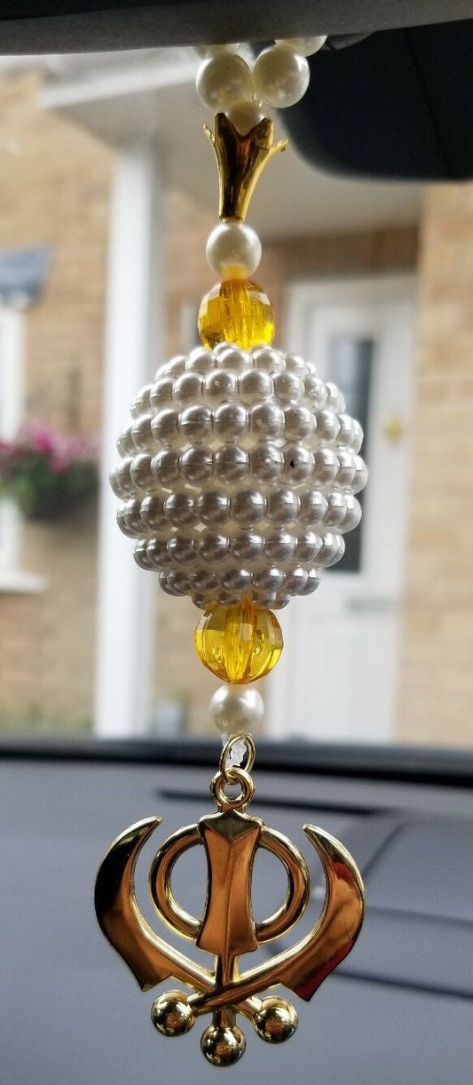 Gold Plated Punjabi Singh Kaur Sikh Kahnda Pendant Car Rear Mirror Beads Orange