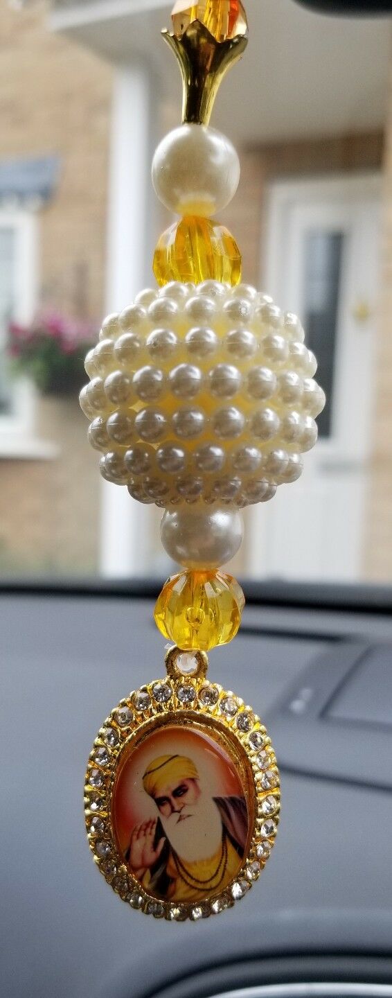 Gold Plated Punjabi Singh Kaur Sikh Guru Nanak Ji Pendant Car Rear Mirror Beads