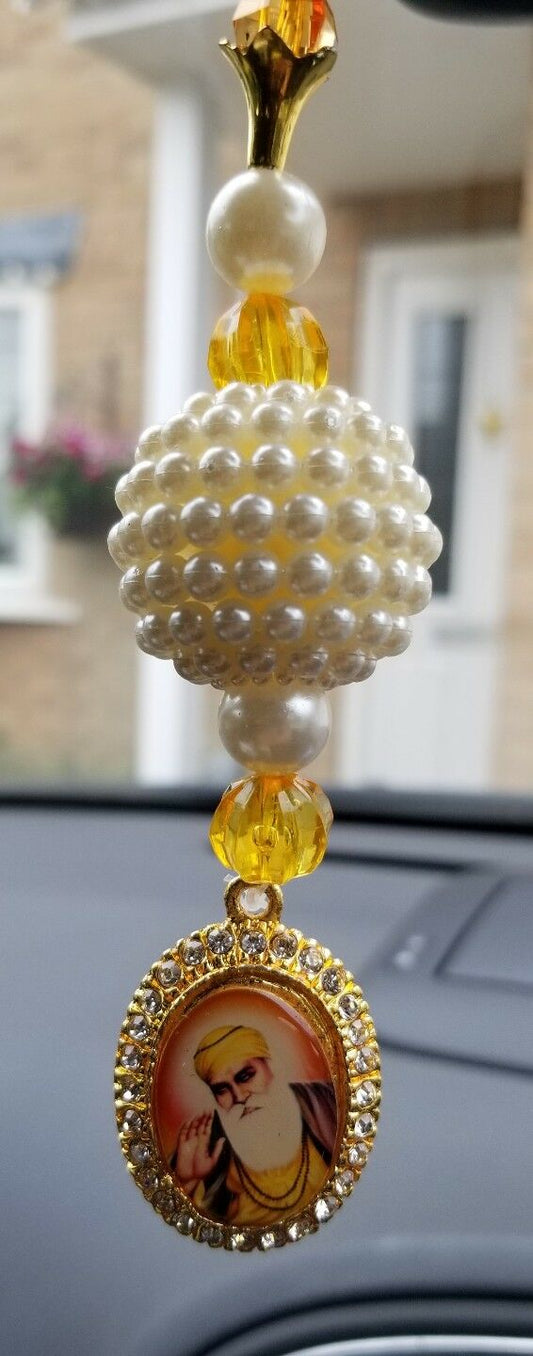 Gold Plated Punjabi Singh Kaur Sikh Guru Nanak Ji Pendant Car Rear Mirror Beads