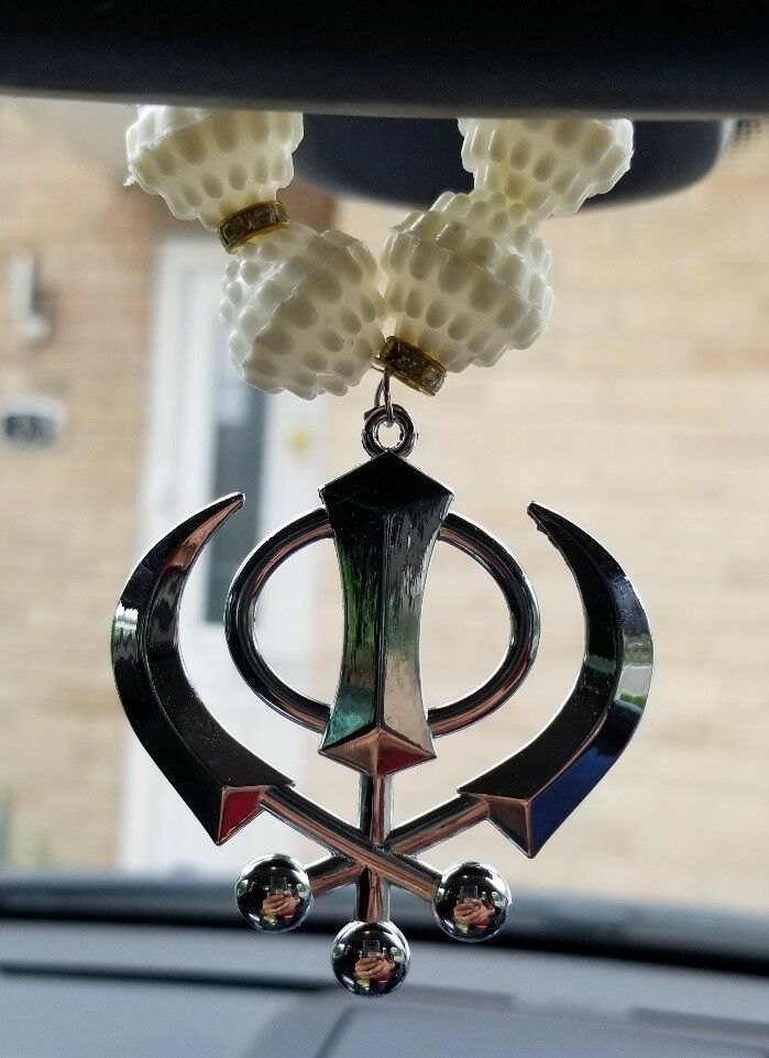 Silver Plated Khanda Pendant Punjabi Kaur Sikh Singh Car Rear Mirror Hanger Mala