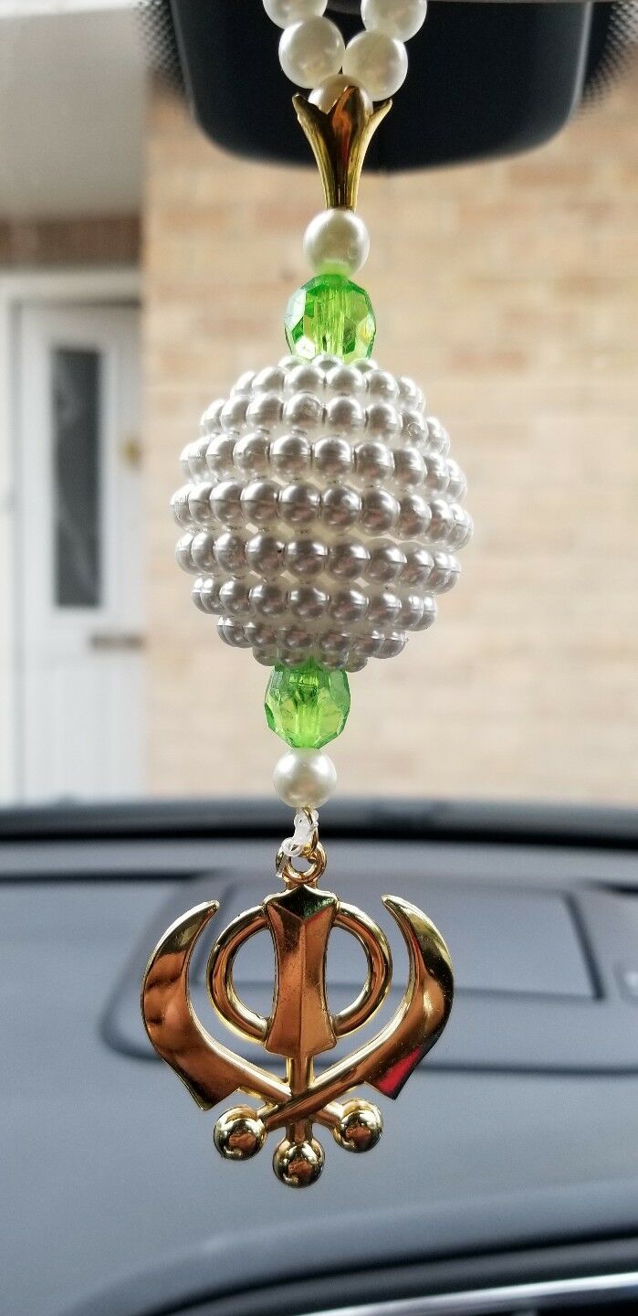 Gold Plated Punjabi Sikh Kaur Singh Khanda Pendant Car Rear Mirror Beads Hanger