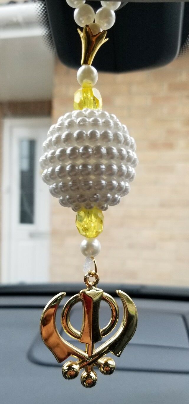 Gold Plated Punjabi Singh Kaur Sikh Kahnda Pendant Car Rear Mirror Beads Hanger