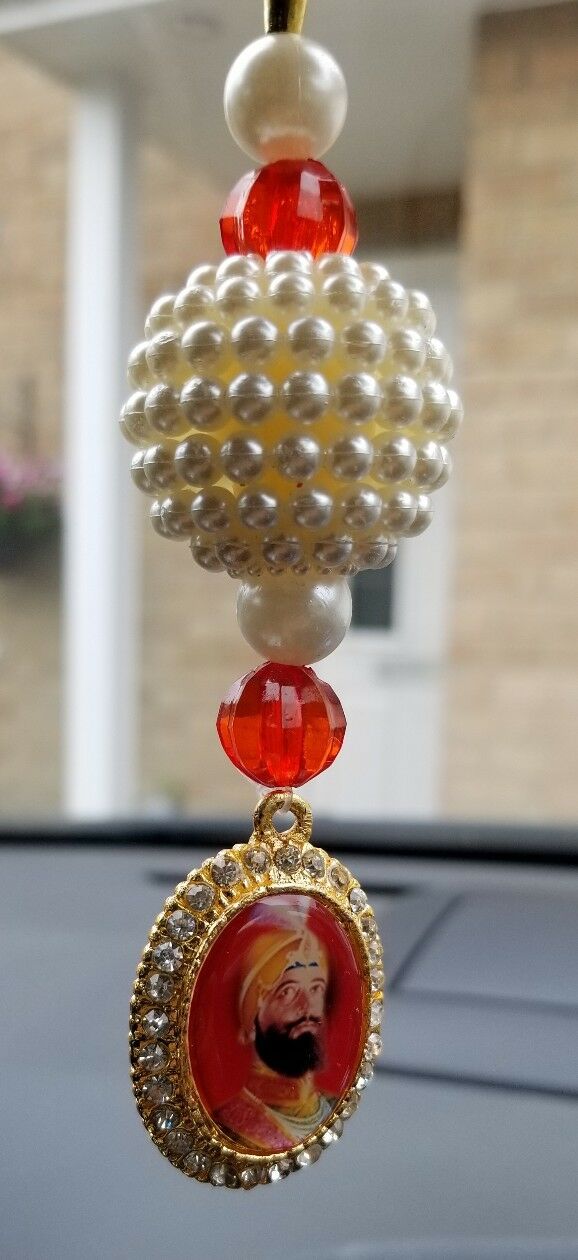 Gold Plated Punjabi Kaur Sikh Guru Gobind Singh Pendant Car Rear Mirror Beads