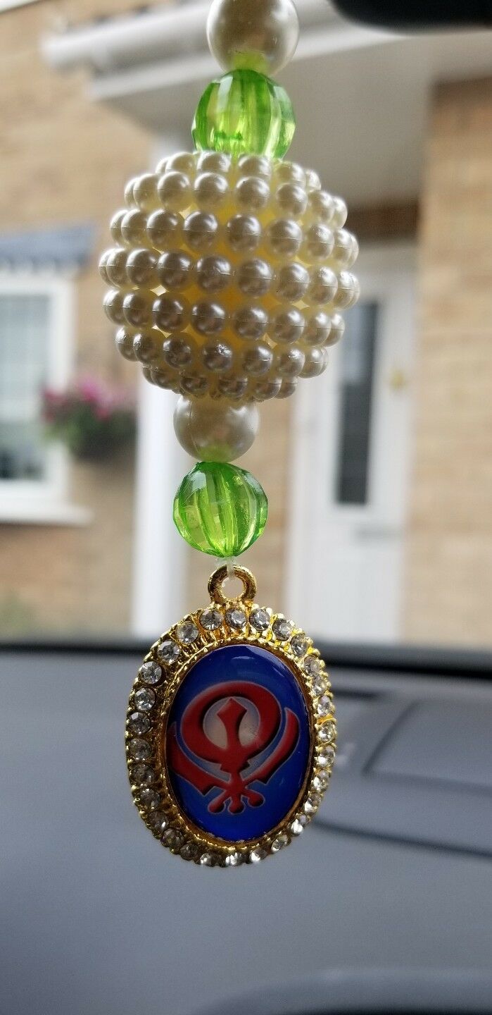 Gold Plated Punjabi Sikh Kaur Singh Khanda Pendant Car Rear Mirror Beads Green