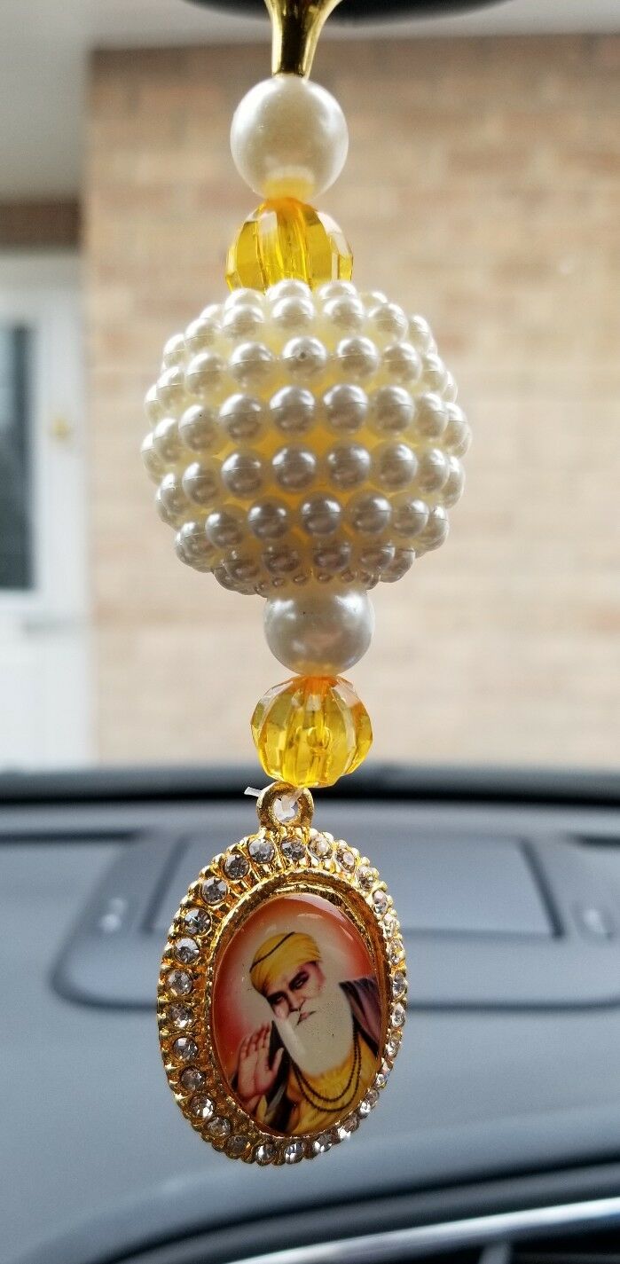 Gold Plated Punjabi Singh Kaur Sikh Guru Nanak Ji Pendant Car Rear Mirror Beads