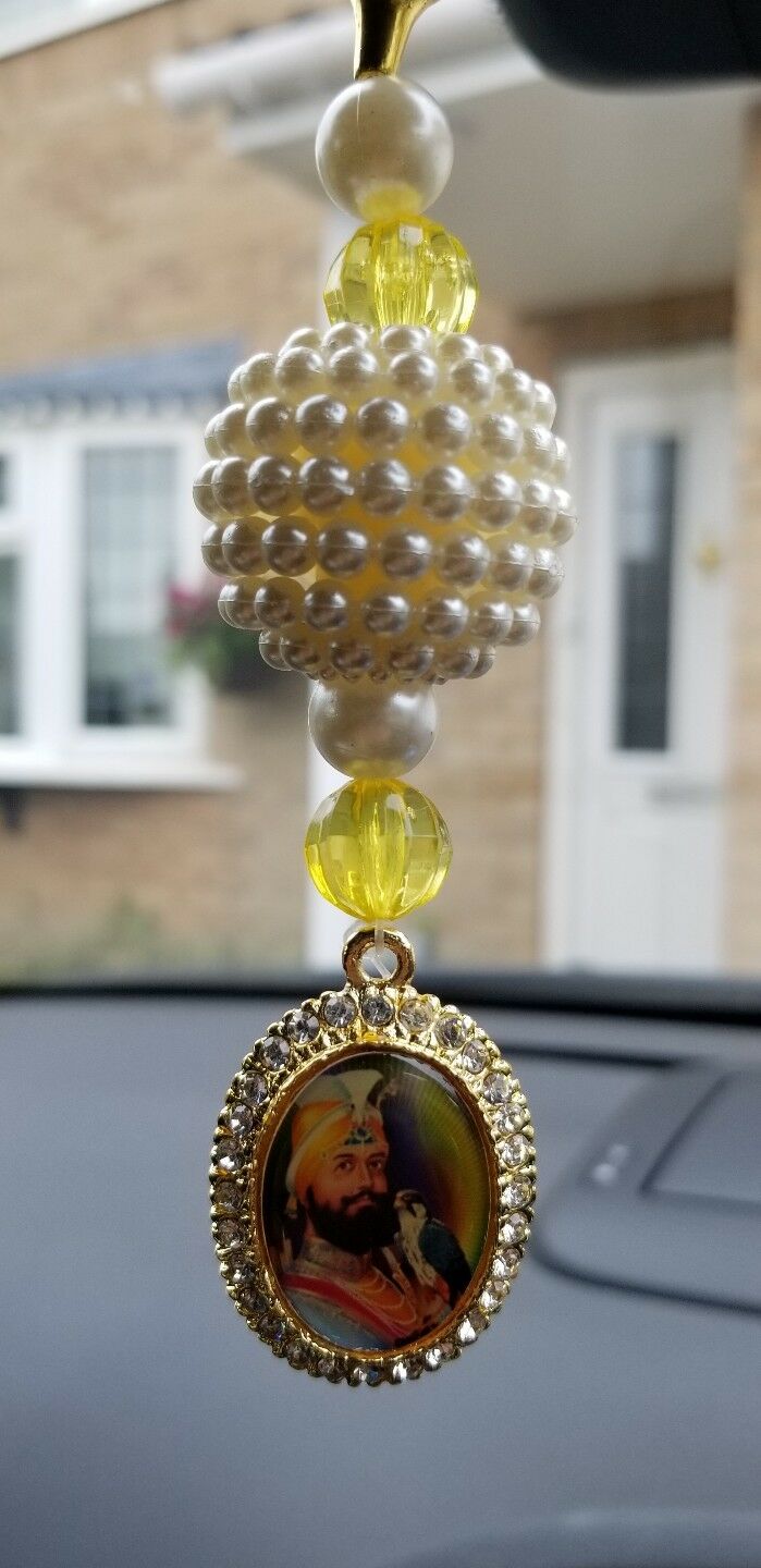 Gold Plated Punjabi Kaur Sikh Guru Gobind Singh Pendant Car Rear Mirror Yellow