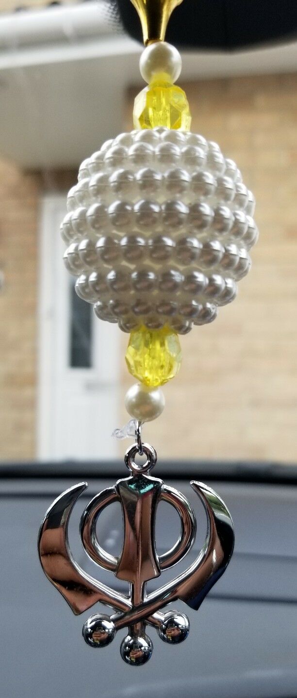 Silver Plated Punjabi Singh Kaur Sikh Kahnda Pendant Car Rear Mirror Beads Mala