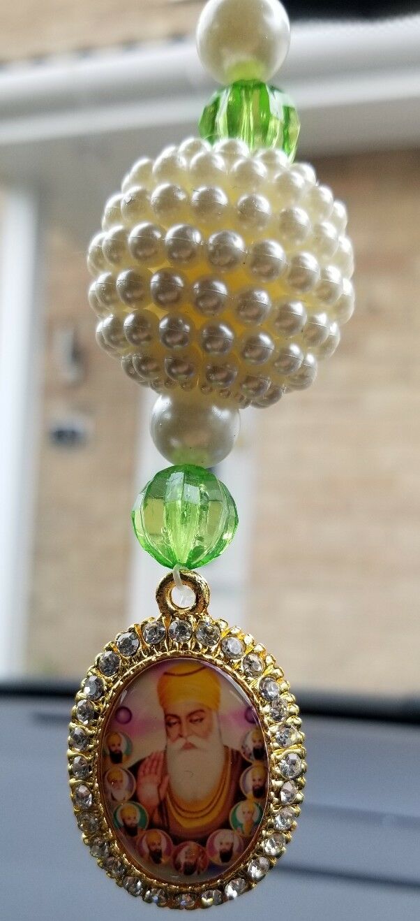 Gold Plated Punjabi Singh Kaur Sikh Ten Guru Nanak Pendant Car Rear Mirror Green