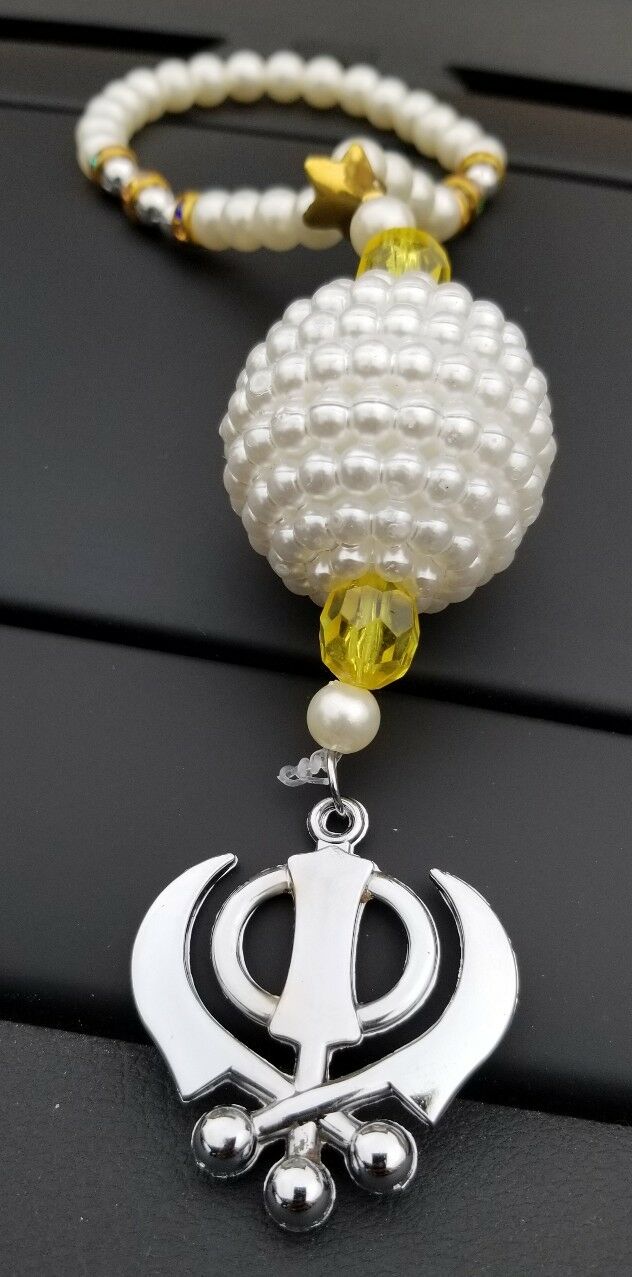 Silver Plated Punjabi Singh Kaur Sikh Kahnda Pendant Car Rear Mirror Beads Mala