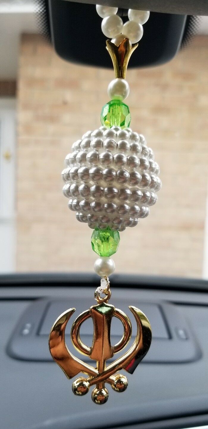 Gold Plated Punjabi Sikh Kaur Singh Khanda Pendant Car Rear Mirror Beads Hanger