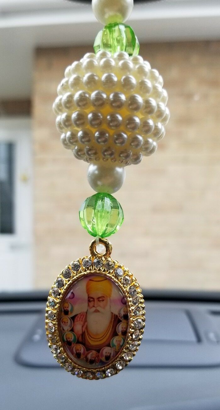 Gold Plated Punjabi Singh Kaur Sikh Ten Guru Nanak Pendant Car Rear Mirror Green