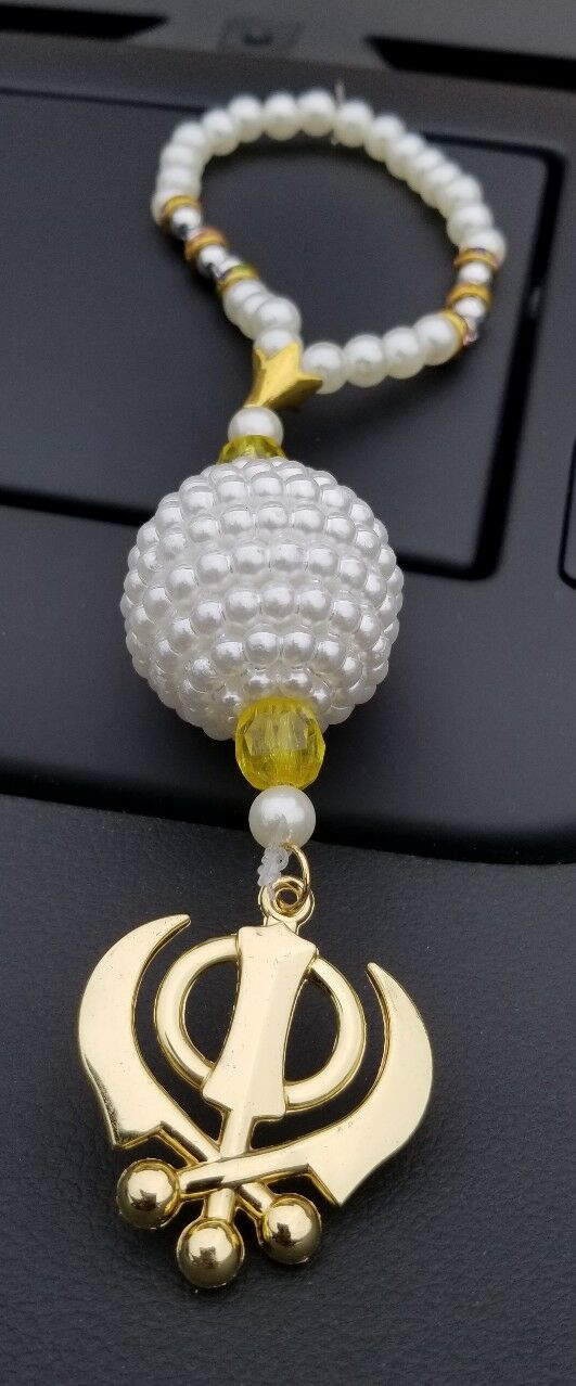 Gold Plated Punjabi Singh Kaur Sikh Kahnda Pendant Car Rear Mirror Beads Hanger