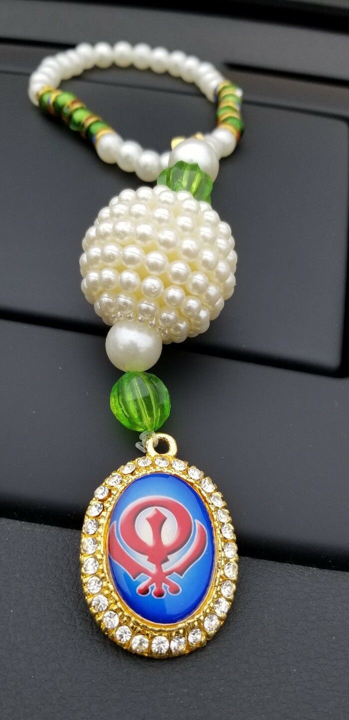 Gold Plated Punjabi Sikh Kaur Singh Khanda Pendant Car Rear Mirror Beads Green