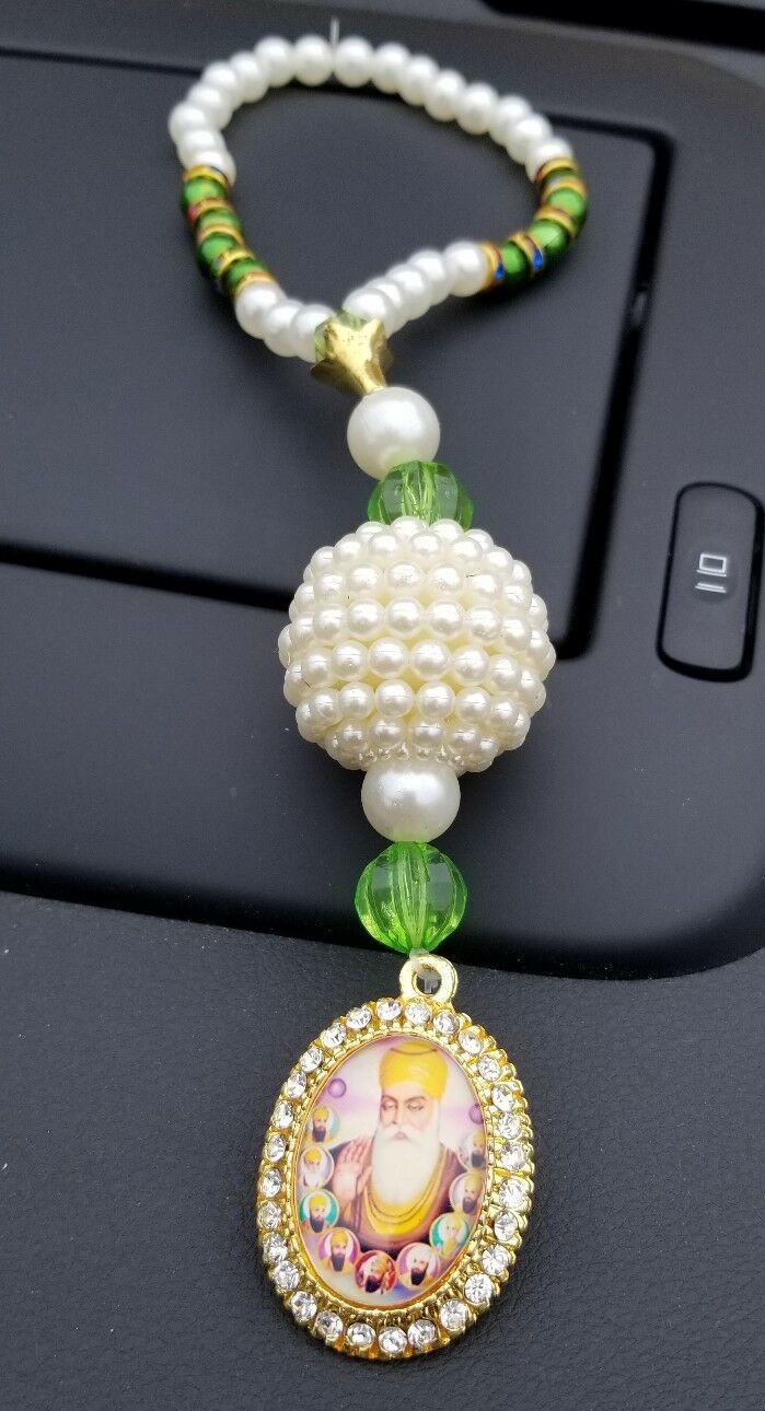 Gold Plated Punjabi Singh Kaur Sikh Ten Guru Nanak Pendant Car Rear Mirror Green