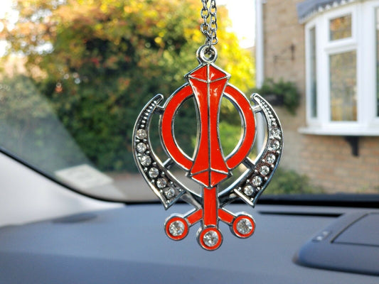 Singh Kaur Sikh Punjabi Silver Plated Khanda Pendant Car Rear Mirror Hanging ORA