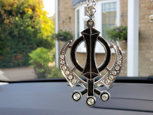 Singh Kaur Sikh Punjabi Silver Plated Khanda Pendant Car Rear Mirror Hanging BLA