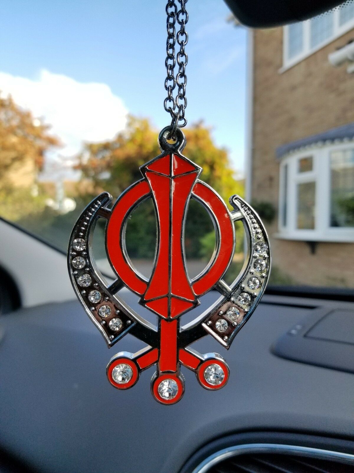 Singh Kaur Sikh Punjabi Silver Plated Khanda Pendant Car Rear Mirror Hanging ORA