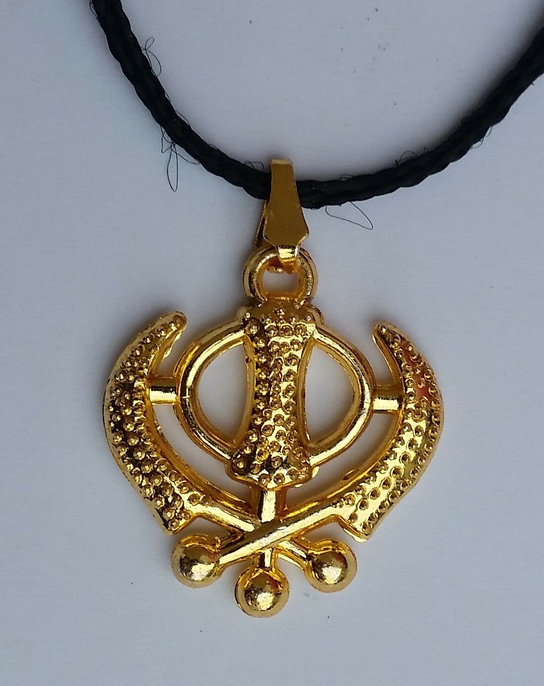 Beautiful UNISEX SMALL Gold Polished Punjabi Sikh Khanda Pendant in black thread