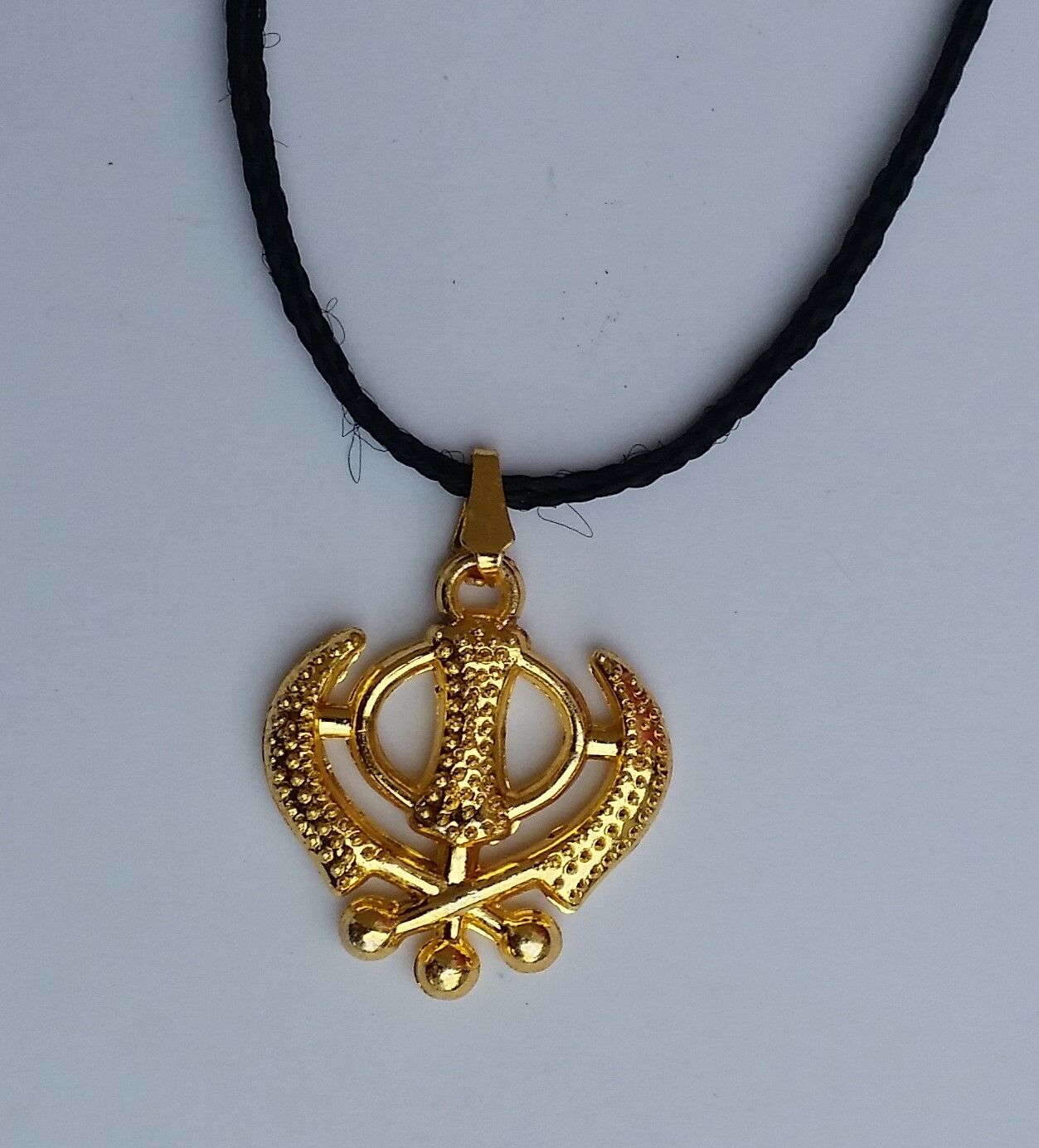 Beautiful UNISEX SMALL Gold Polished Punjabi Sikh Khanda Pendant in black thread